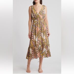 Cleobella Kay Midi V-neck Boho Chic Relaxed Fit Dress in Saguaro Print Size L